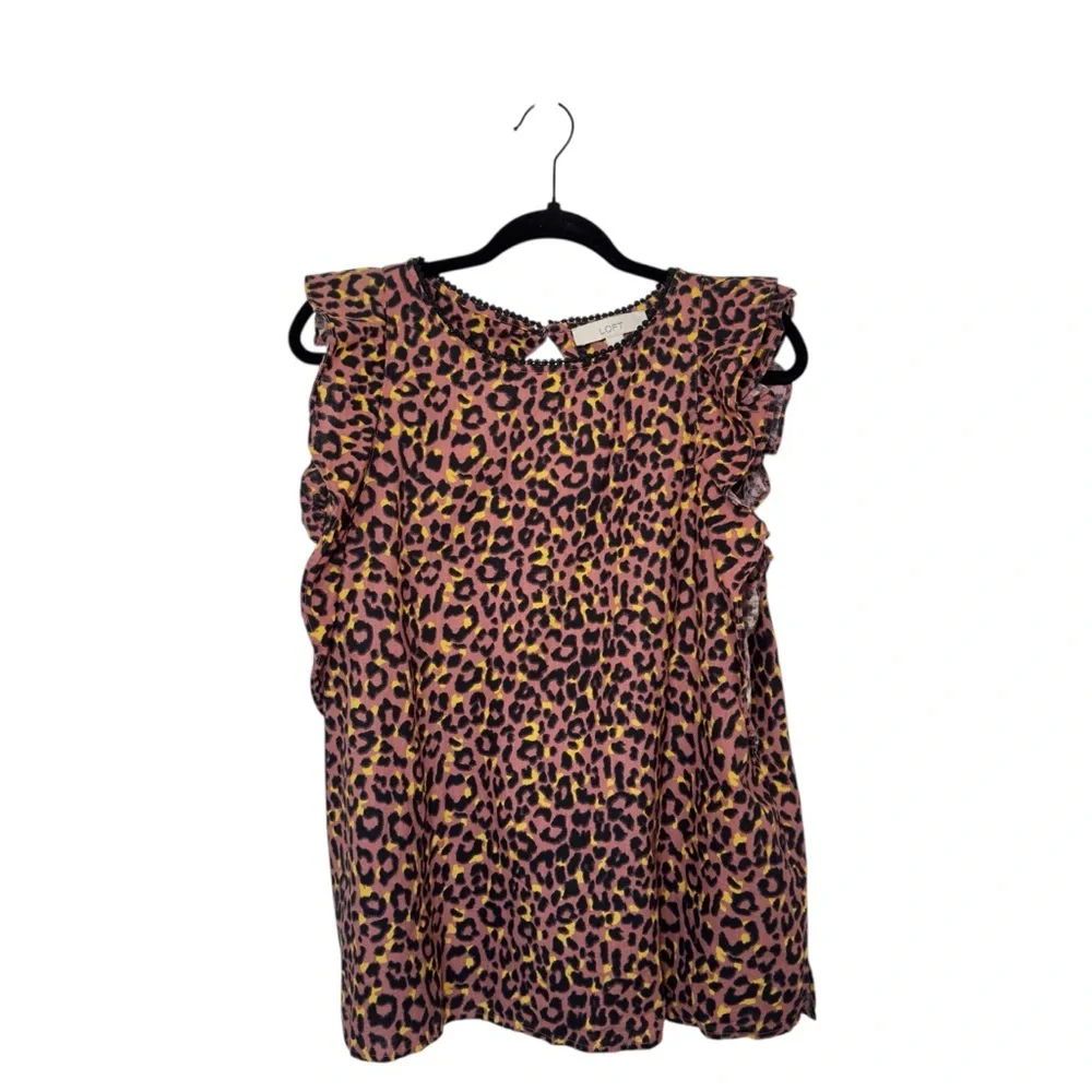 LOFT Large Leopard Print Cutout Back Cotton Ruffle‎ Shell Top - Picture 4 of 10